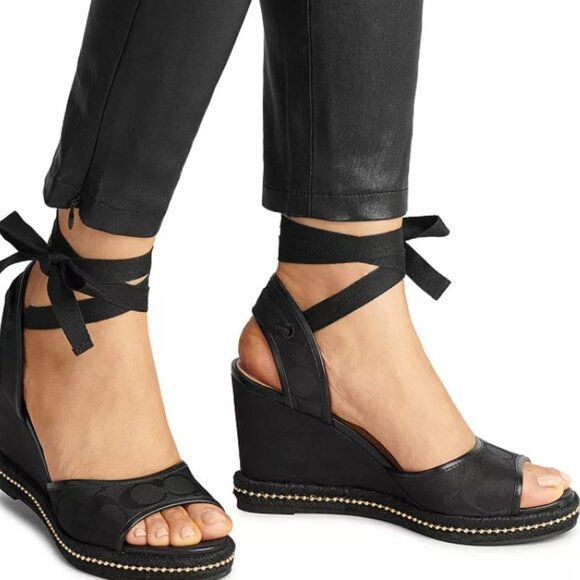SOLD Coach Wedge Ankle Tie Sandals Shoes "Page" Black Signature Jacquard Sz 8B - Picture 1 of 16